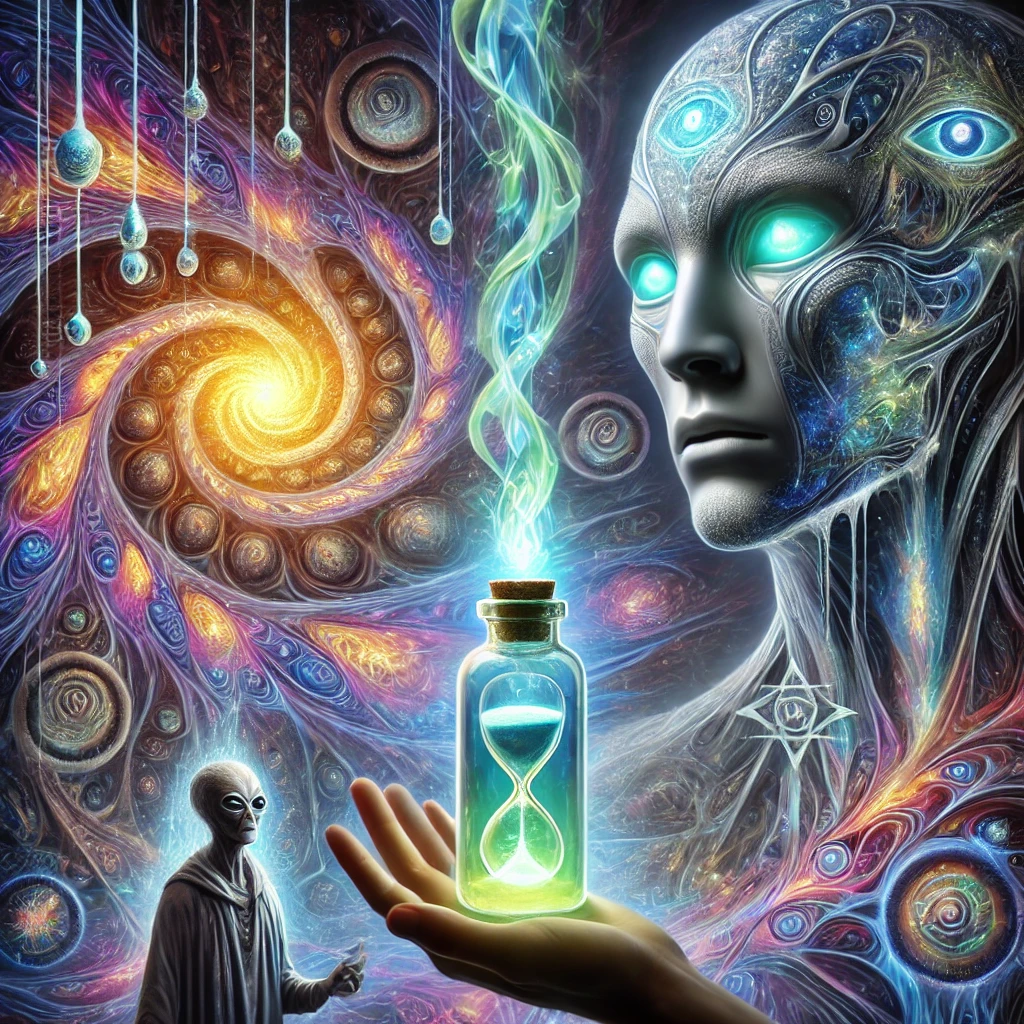 A glowing vial of iridescent liquid
