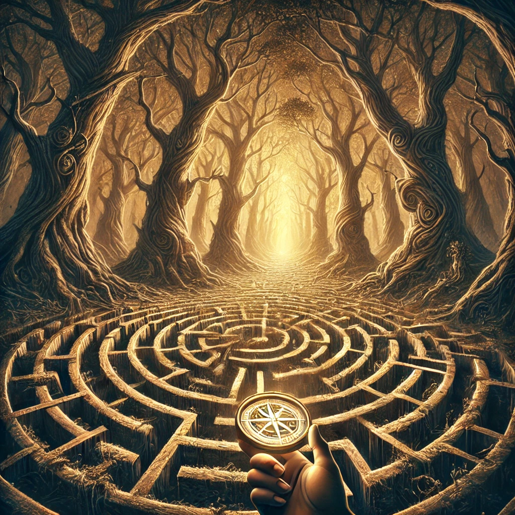 A twisting, intricate forest path illuminated by patches of glowing light