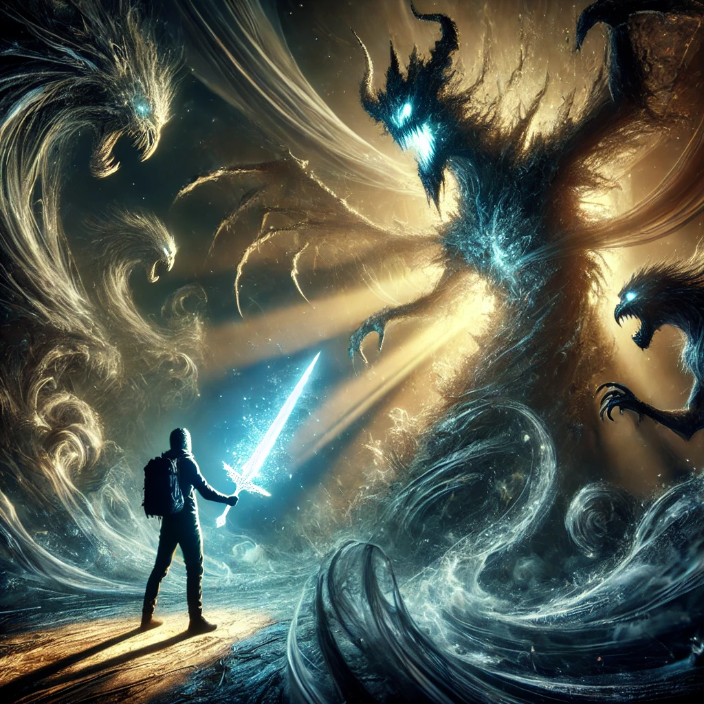 A glowing crystalline dagger held aloft in a dark, shifting void filled with shadowy figures