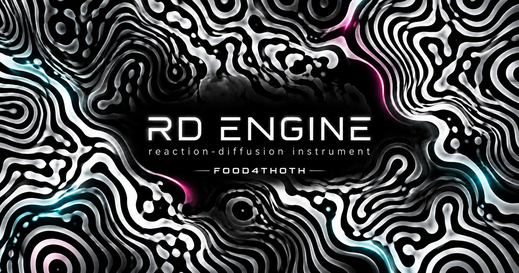 RD ENGINE: black-and-white reaction-diffusion contours with cyan and magenta highlights